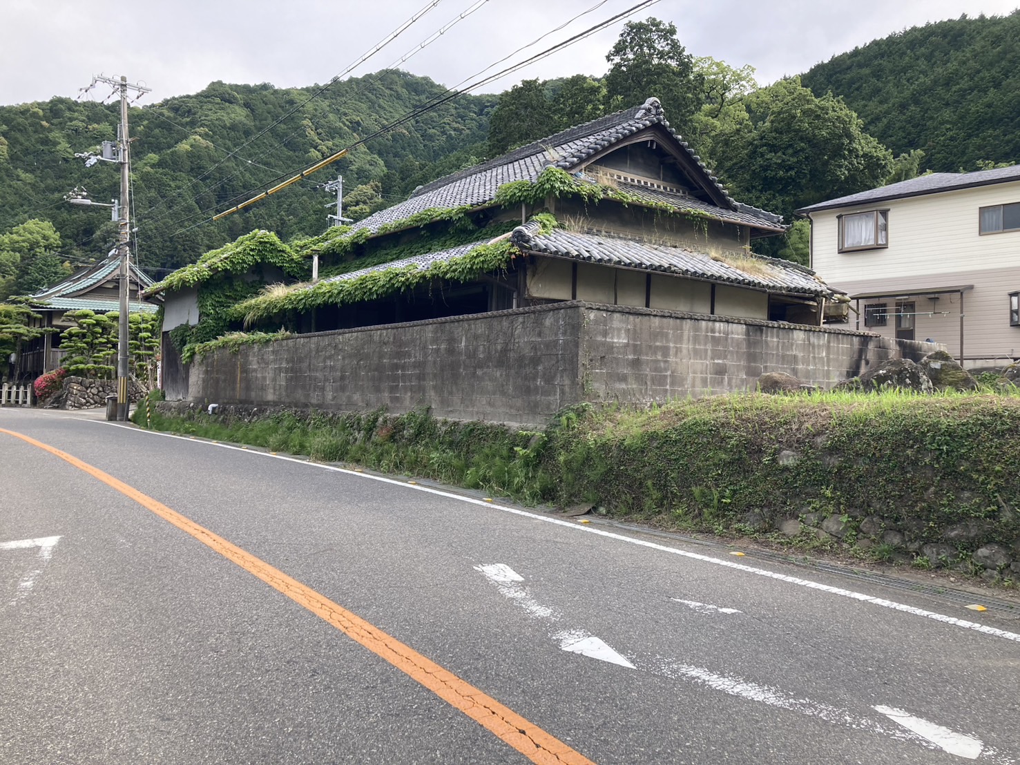 解体工事の施工前写真。ツタが伸び、真夏の現場管理が必要な状態